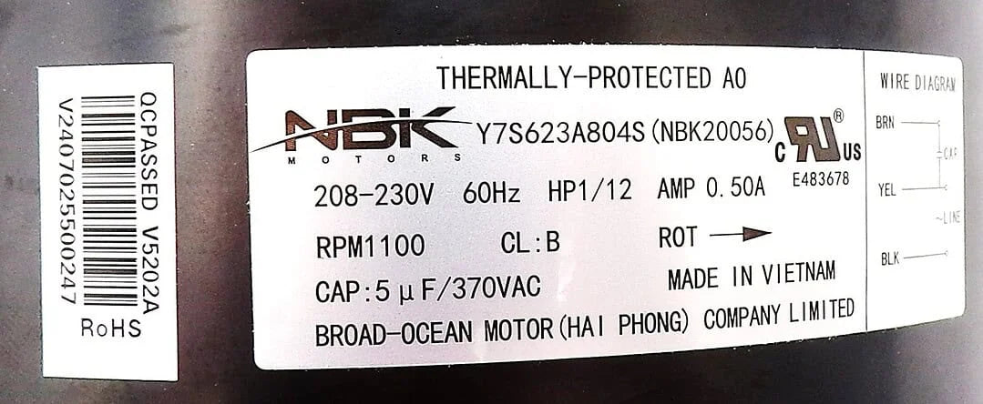 Condenser Fan Motor 1/12 HP 208/230V 1100 RPM – Replaces Genteq 5KCP39BGY539S – NBK-20056
