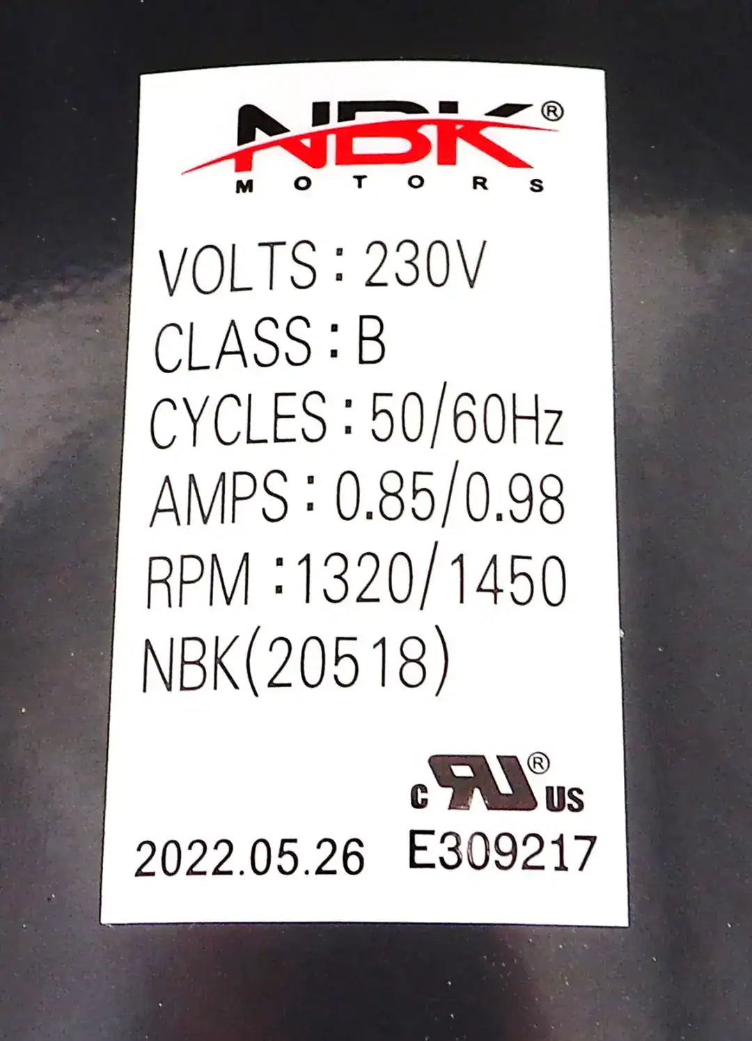 Blower Motor 230V 50/60 Hz, 1/10 Hp, 1 Speed