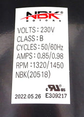 Blower Motor 230V 50/60 Hz, 1/10 Hp, 1 Speed
