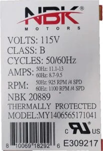 Blower Motor 115V, 3/4 Hp, 4 Speed, 50/60 Hz