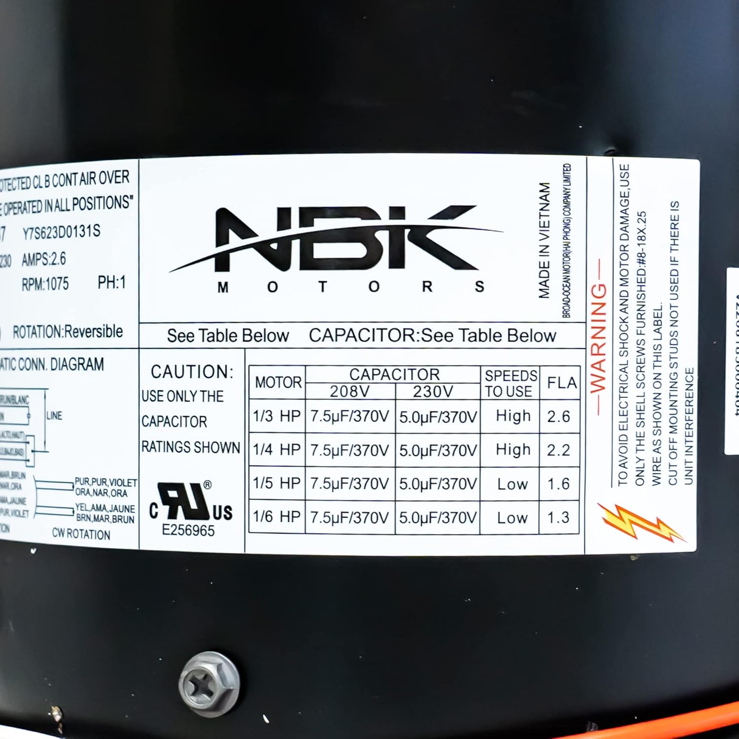Condenser Motor 208-230V, 1075 RPM, 1/6-1/3 HP | NBK-20587