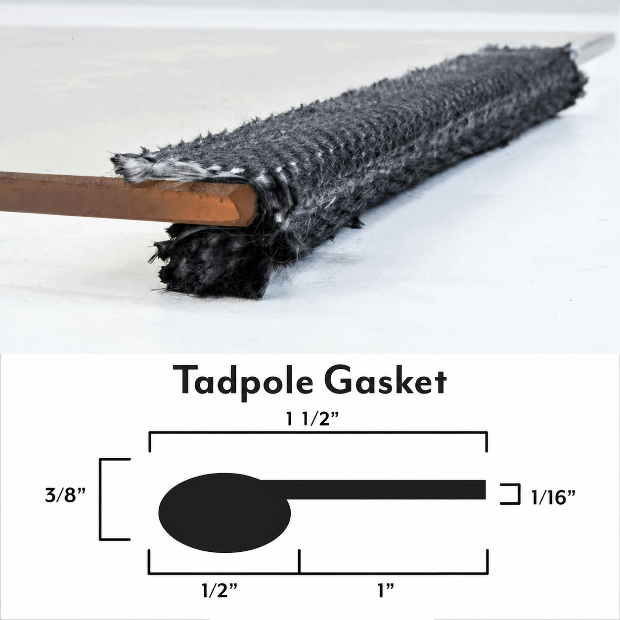 BBQ Smoker Tadpole Gasket – 1/2" Bulb x 1" Flat Tail – Self-Adhesive High-Temp Fiberglass – Sold by the Foot