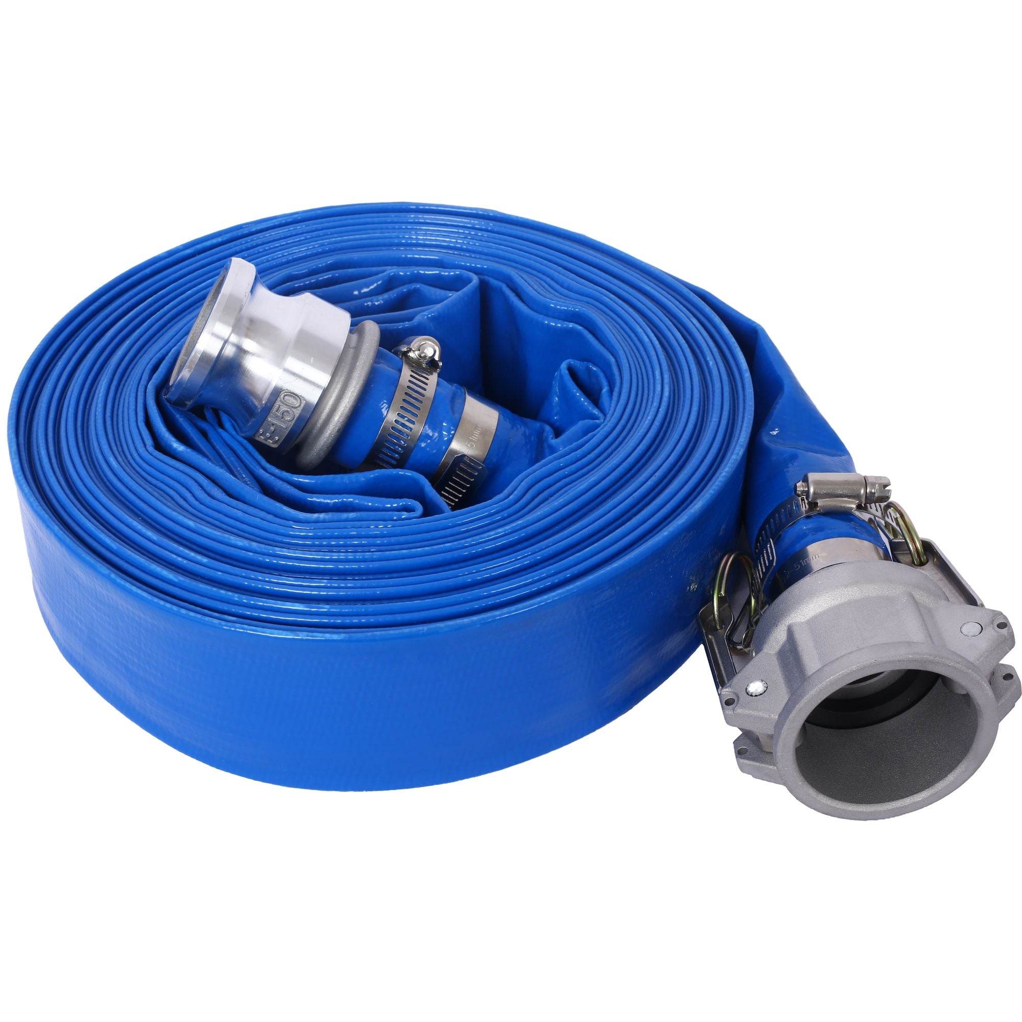 2"x50Ft. Pool Backwash Hose, Heavy Duty Reinforced Blue PVC Lay Flat Water Discharge Pump Hoses For Swimming Drain Pools and Clean Filters, with Aluminum Camlock C and E Fittings