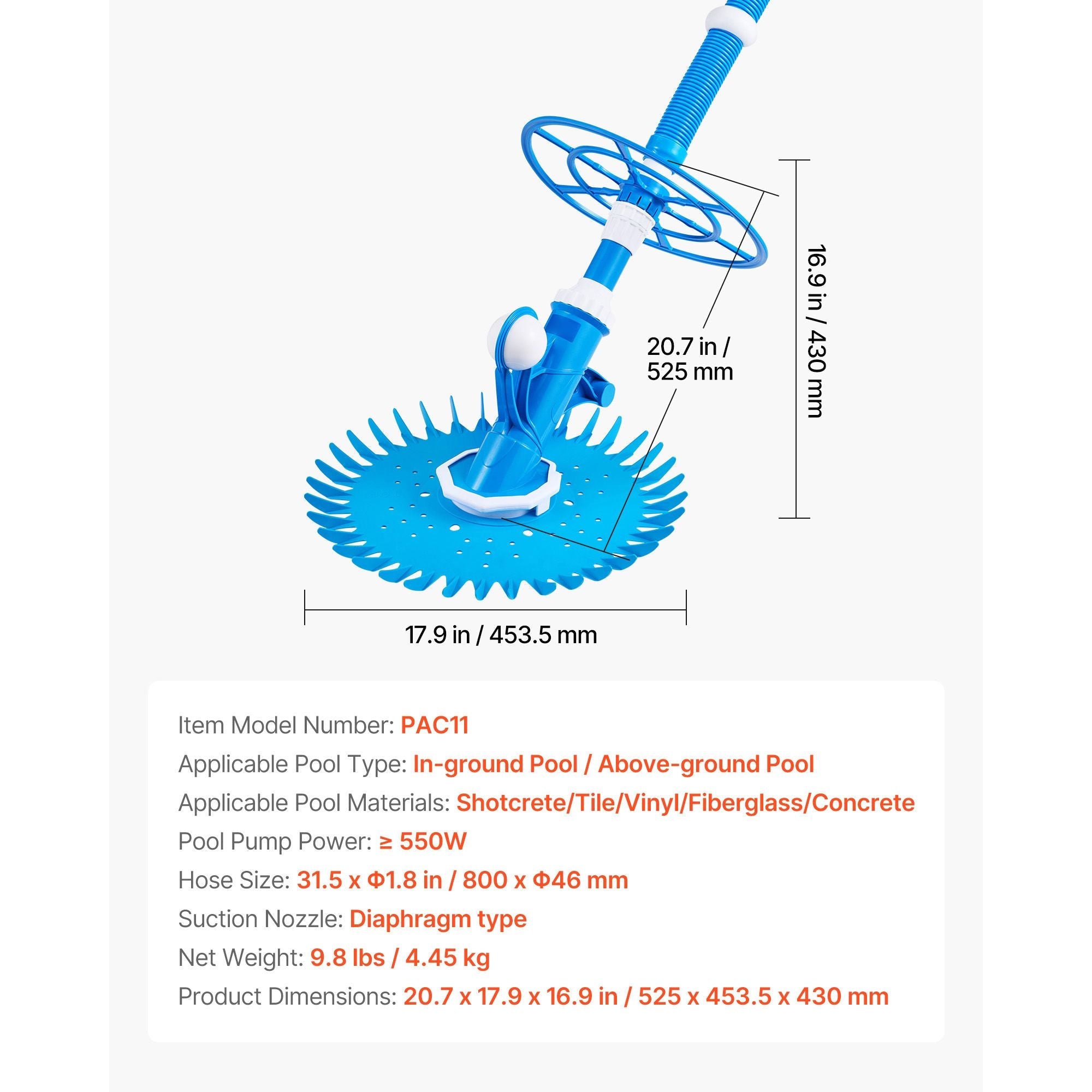 Automatic Suction Pool Cleaner | Suction-Side Pool Vacuum with 12 Hoses (33 ft) for In/Above Ground Pools up to 20x35 ft
