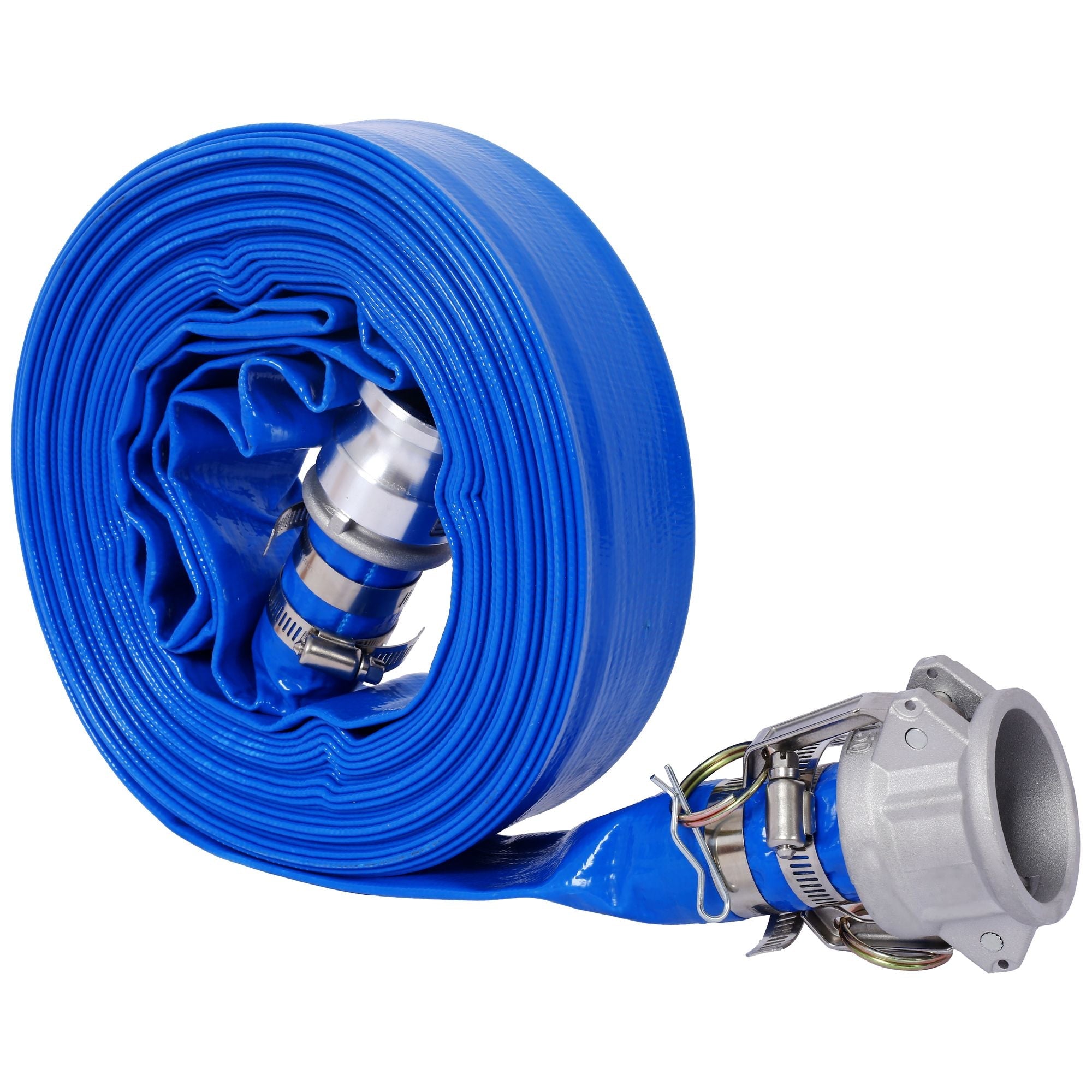 2"x50Ft. Pool Backwash Hose, Heavy Duty Reinforced Blue PVC Lay Flat Water Discharge Pump Hoses For Swimming Drain Pools and Clean Filters, with Aluminum Camlock C and E Fittings