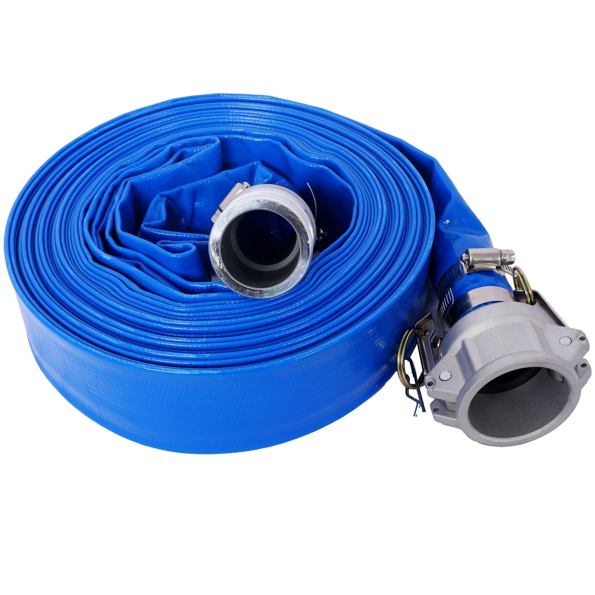 2"x50Ft. Pool Backwash Hose, Heavy Duty Reinforced Blue PVC Lay Flat Water Discharge Pump Hoses For Swimming Drain Pools and Clean Filters, with Aluminum Camlock C and E Fittings