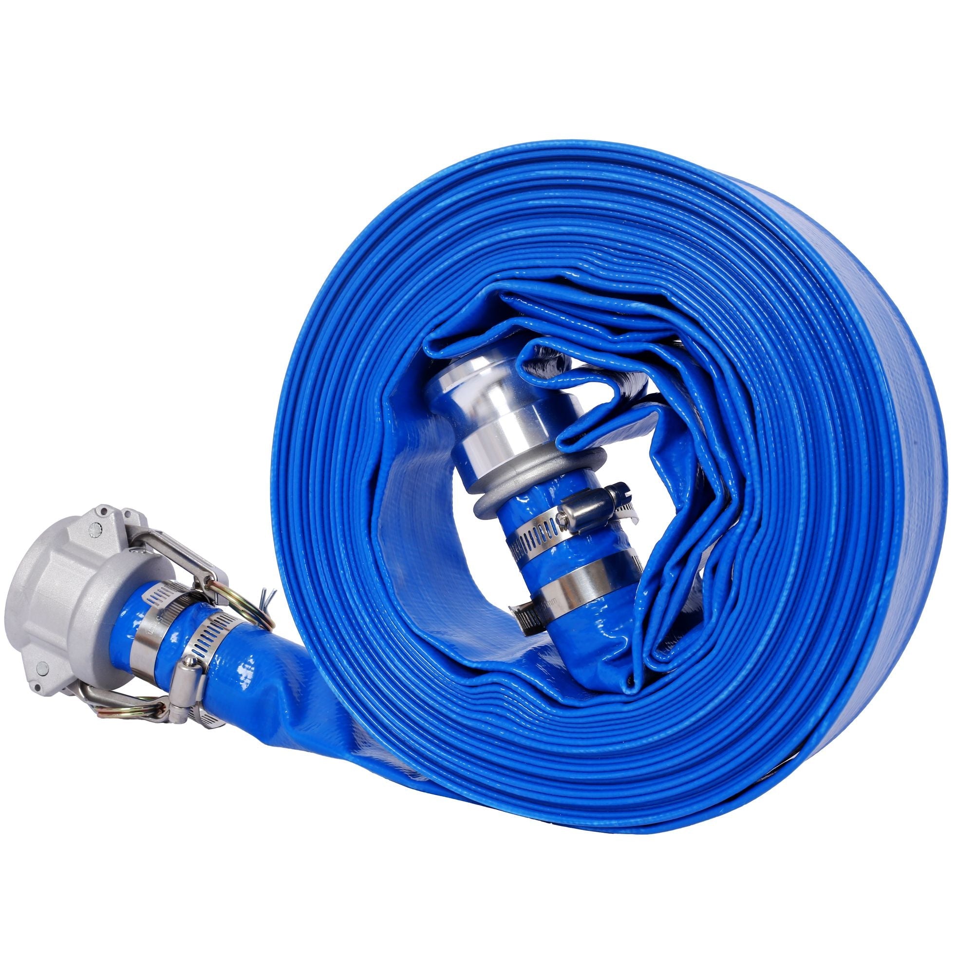 2"x50Ft. Pool Backwash Hose, Heavy Duty Reinforced Blue PVC Lay Flat Water Discharge Pump Hoses For Swimming Drain Pools and Clean Filters, with Aluminum Camlock C and E Fittings