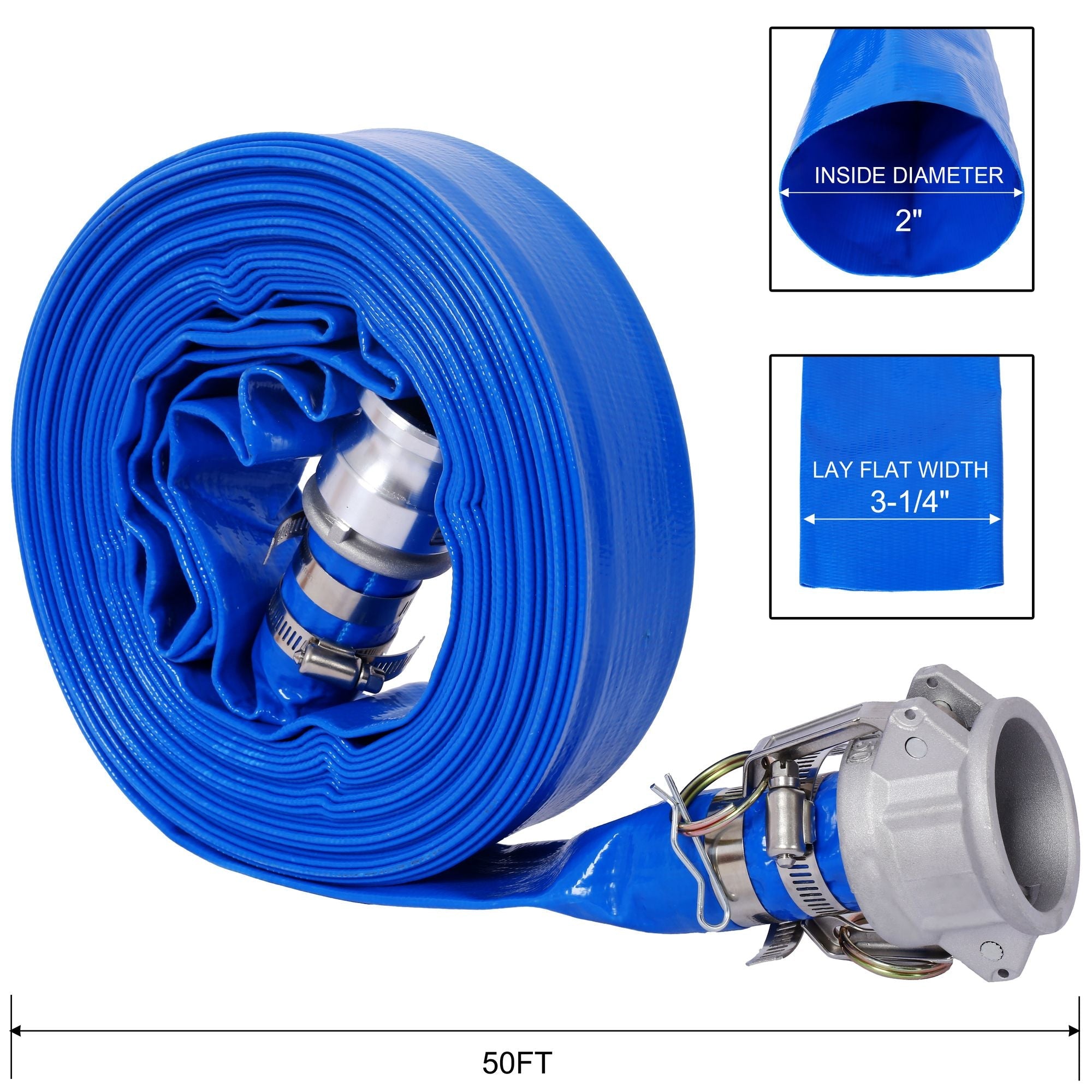 2"x50Ft. Pool Backwash Hose, Heavy Duty Reinforced Blue PVC Lay Flat Water Discharge Pump Hoses For Swimming Drain Pools and Clean Filters, with Aluminum Camlock C and E Fittings
