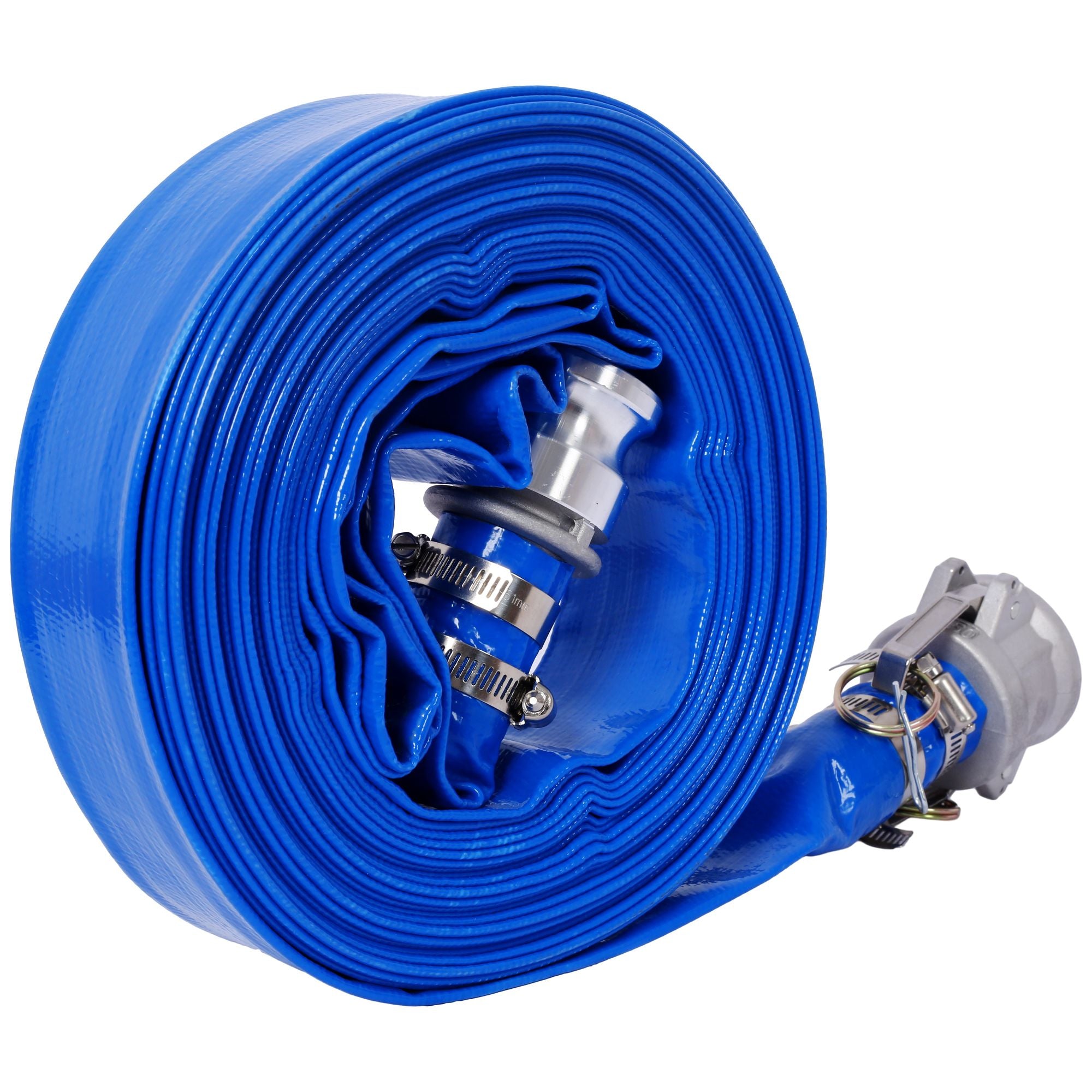 2"x50Ft. Pool Backwash Hose, Heavy Duty Reinforced Blue PVC Lay Flat Water Discharge Pump Hoses For Swimming Drain Pools and Clean Filters, with Aluminum Camlock C and E Fittings