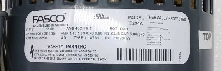 Black Bart Motor - Fasco D294A | OEM Replacement Motor for Fasco D294 | 1/10 HP, 5-Speed, 115V